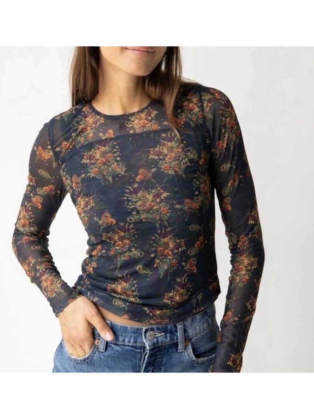 NATURAL LIFE Sloane Navy Floral Bouquet Mesh Long Sleeve Boho Top Blouse Sz M
